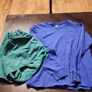 Blue Long Sleeve Shirt and Green Shorts Set